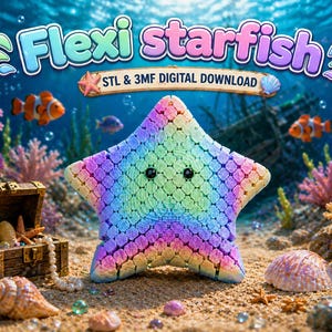 Puede incluir: Una colorida estrella de mar Flexi con ojos negros descansa sobre un fondo arenoso. La imagen incluye un cofre del tesoro, conchas marinas, coral y el texto "Flexi starfish STL & 3MF DIGITAL DOWNLOAD". Peces payaso nadan en el fondo.