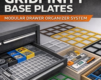 May include: Modular drawer organizer system with Gridfinity base plates. The image showcases various 3D-printed base plates in multiple colors, including black, white, gray, red, blue, and yellow. The text reads "Custom 3D Printed" and "100% USA Made".