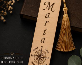 Custom Engraved Wooden Bookmark | Personalized Name, Compass Design, Tassel Detail