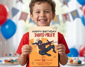 Invito di compleanno di Spiderman, invito per festa a tema supereroi, modello Canva modificabile (download digitale)