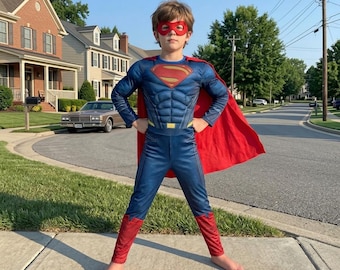 Superman Kostüm für Jungen, Kinder Superhelden Anzug mit Umhang & Maske, Muskelheld Cosplay Outfit, Halloween Dress Up