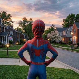 Puede incluir: Una persona con un disfraz de Spider-Man est&aacute; de pie en una acera, de espaldas a la c&aacute;mara. El disfraz es rojo y azul con un emblema de ara&ntilde;a en la espalda. El fondo muestra casas, &aacute;rboles y una puesta de sol.