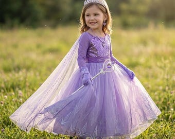 Elsa Prinzessin Kleid Mädchen + Accessoires Set Lila Kostüm Snow Queen Cosplay Outfit Langarm Party Geburtstag Geschenk Kinder