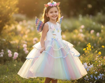 Einhorn Prinzessin Kleid Mädchen Regenbogen Tüll Kostüm Kinder Geburtstag Outfit Halloween Cosplay Blume Kleid Geschenk für Mädchen