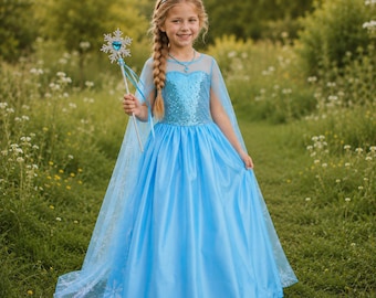 Schneekönigin Kostüm Mädchen, Eisprinzessin Kleid Kinder, Blau Märchen Cosplay Outfit für Halloween Geburtstagsparty Geschenk für Mädchen