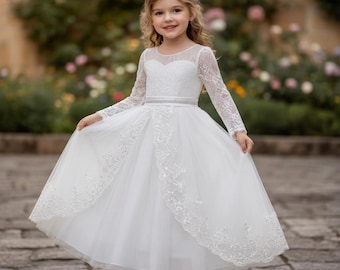 Weiß Prinzessin Kleid für Mädchen Spitze Langarm Kleid Märchen Kostüm Tüll Party Kleid Geburtstag Hochzeit Blumenmädchen Outfit