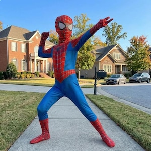 Puede incluir: Un disfraz de Spider-Man azul y rojo con una m&aacute;scara completa. El disfraz presenta un patr&oacute;n de telara&ntilde;a en las secciones rojas. Una persona lleva el disfraz, de pie en una acera frente a casas y &aacute;rboles.