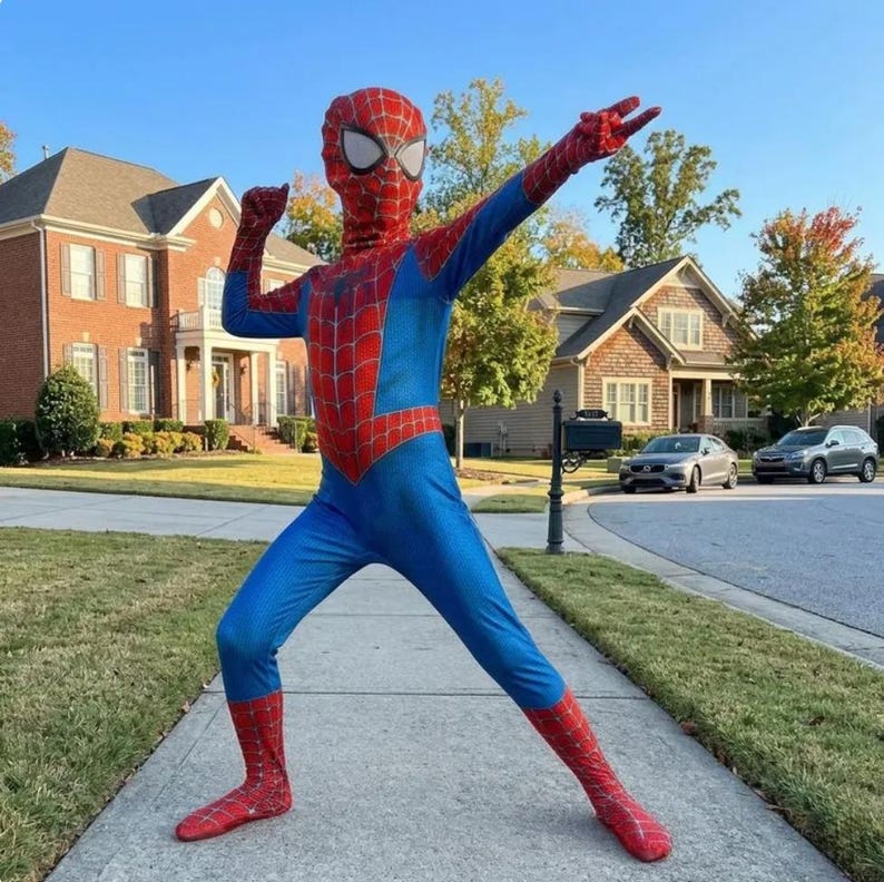 Puede incluir: Un disfraz de Spider-Man azul y rojo con una m&aacute;scara completa. El disfraz presenta un patr&oacute;n de telara&ntilde;a en las secciones rojas. Una persona lleva el disfraz, de pie en una acera frente a casas y &aacute;rboles.