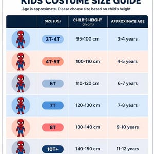 Puede incluir: Una gu&iacute;a de tallas de disfraces para ni&ntilde;os, con tallas, altura del ni&ntilde;o en cm y edades aproximadas. Las tallas van de 3T-4T a 10T+, con alturas de 95-150 cm y edades de 3-12 a&ntilde;os. Incluye un gr&aacute;fico de Spider-Man.