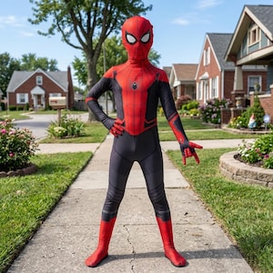 Könnte beinhalten: Ein rot-schwarzer Spider-Man-Anzug mit Spinnennetz-Design und Maske. Der Anzug hat ein rotes Spinnenemblem auf der Brust. Eine Person trägt den Anzug und steht vor Häusern auf einem Bürgersteig.
