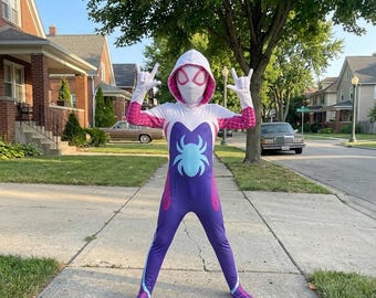 Spinnen-Mädchen-Kostüm für Kinder, Lila Superhelden-Jumpsuit mit Kapuze, Mädchen-Halloween-Cosplay Outfit, Geburtstagsgeschenk