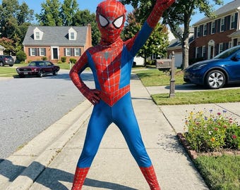 スパイダーマン子供用コスチューム、スーパーヒーローボディスーツ男の子用、スパンデックスコスプレ衣装ハロウィンギフト、マスク付き幼児用スパイダースーツ