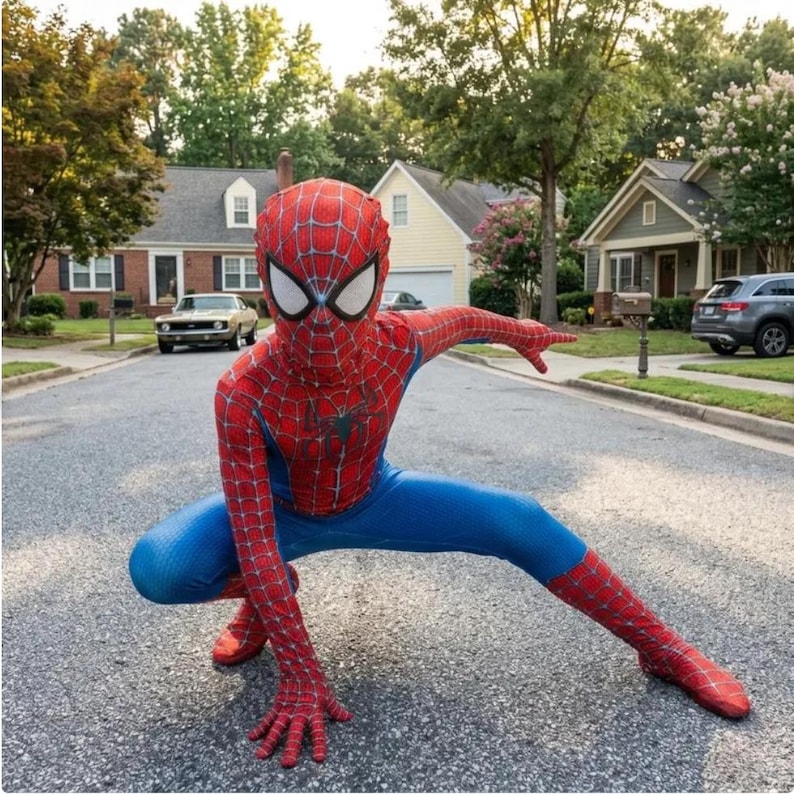 Puede incluir: Una persona con un disfraz de Spider-Man, agachada en una calle residencial. El disfraz es rojo y azul, con un patr&oacute;n de telara&ntilde;a en las &aacute;reas rojas. La persona lleva un traje completo y una m&aacute;scara, con lentes blancos para los ojos. El fondo incluye casas y &aacute;rboles.