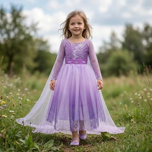 Pode incluir: Uma menina usando um vestido de princesa roxo com corpete de lantejoulas, mangas compridas e saia esvoaçante. O vestido apresenta um cinto combinando e uma capa transparente. Ela está sorrindo e andando em um campo de flores silvestres.