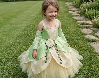 Tiana Prinzessinnen Kleid Mädchen Fee Kostüm grün Tüll Ballkleid Schulterfrei Kinder Cosplay Outfit Geburtstag Geschenk Prinzessin Kleid