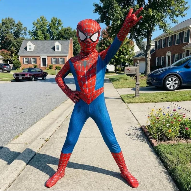 Puede incluir: Un ni&ntilde;o con un disfraz de Spiderman rojo y azul. El disfraz tiene una m&aacute;scara, y el ni&ntilde;o est&aacute; de pie en una acera frente a casas y coches.