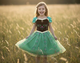 Anna Prinzessinnen Kleid für Mädchen, Gefrorenes Anna Kostüm, Grünes Krönungskleid, Kinder Cosplay Outfit, Märchen Geburtstagsgeschenk