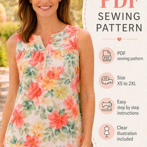 May include: A sleeveless floral print top with a V-neck. The top features a pattern of red, orange, and yellow flowers with green leaves on a light background. The image also includes text that says "PDF Sewing Pattern".
