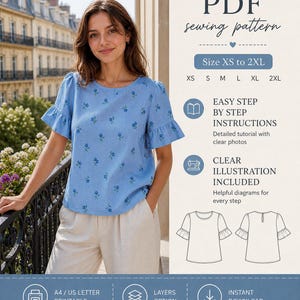 May include: A light blue top with floral embroidery and ruffled sleeves is shown in this image. The image is a PDF sewing pattern, with text indicating sizes XS to 2XL, easy instructions, and clear illustrations. The pattern is A4/US letter printable and offers instant download.