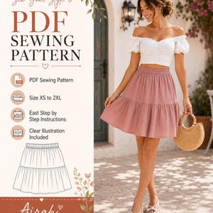 May include: A PDF sewing pattern for a tiered skirt with an elastic waistband, featuring text that reads Sew Your Style, PDF SEWING PATTERN, Size XS to 2XL, Easy Step by Step Instructions, Clear Illustration Included, and Airah Pattern Studio.