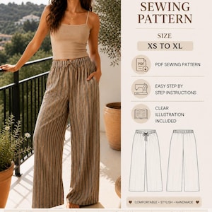 Linen Trousers Sewing Pattern PDF | Wide Leg Pants Pattern | Drawstring Lounge Pants | Easy Beginner DIY  | Instant Download