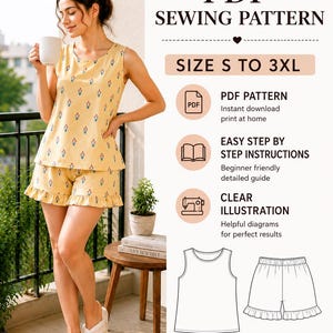 May include: A PDF sewing pattern for a sleeveless top and ruffled shorts set, sized S to 3XL. The design features a yellow fabric with a small blue and red floral print. Includes text for instant download, step-by-step instructions, and diagrams.