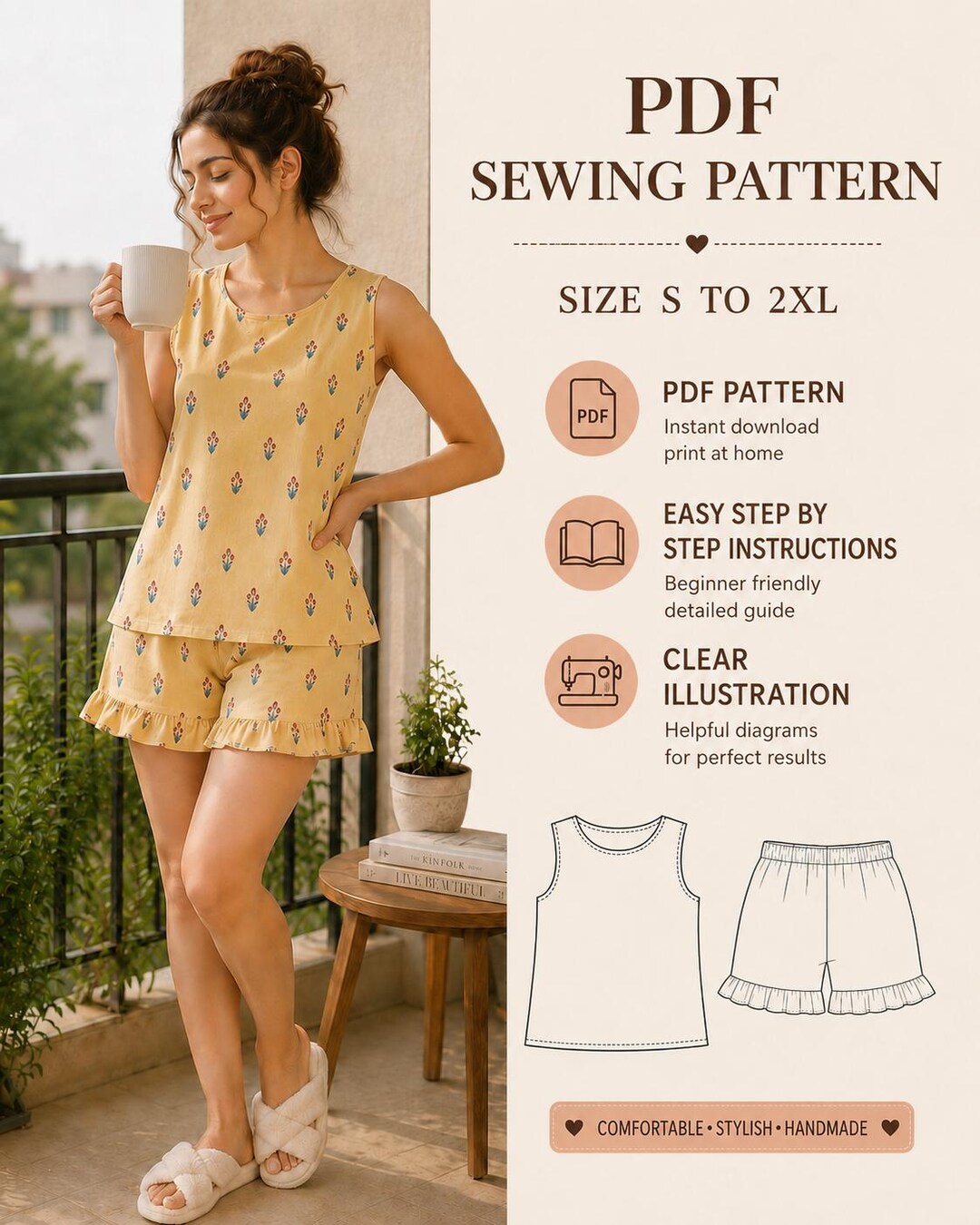 Summer Lounge Wear Sewing Pattern, Tank Top and Shorts Set PDF ...