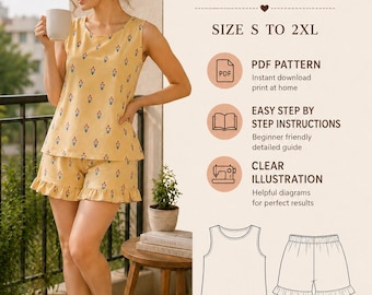 Patrón de costura para ropa de estar por casa de verano, conjunto de camiseta sin mangas y pantalones cortos en PDF, ideal para principiantes.