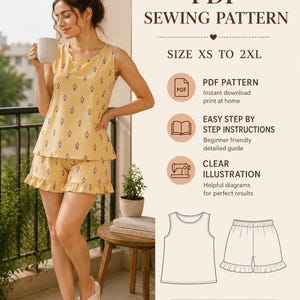 May include: A woman in a yellow floral pajama set, holding a mug. The image features text: "PDF Sewing Pattern" and "Size XS to 2XL". The pattern is described as having easy instructions and clear illustrations.