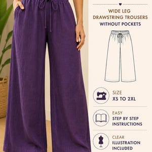 Cartamodello PDF per pantaloni di lino a gamba larga / Cartamodello per pantaloni con coulisse / Pantaloni da casa da donna / Facile da realizzare anche per principianti / Taglie XS-2XL / Download immediato