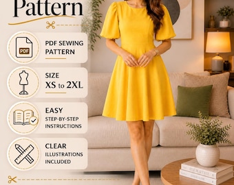 Women’s Puff Sleeve Dress Sewing Pattern PDF, Fit & Flare Mini Dress Pattern, XS–2XL, Beginner Friendly, Instant Download
