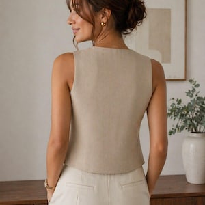 Puede incluir: Un top beige sin mangas y pantalones a juego. El top tiene un escote cuadrado. La mujer lleva pendientes dorados y un reloj dorado. El fondo incluye un mueble de madera, un cuadro enmarcado y un jarr&oacute;n blanco con vegetaci&oacute;n.