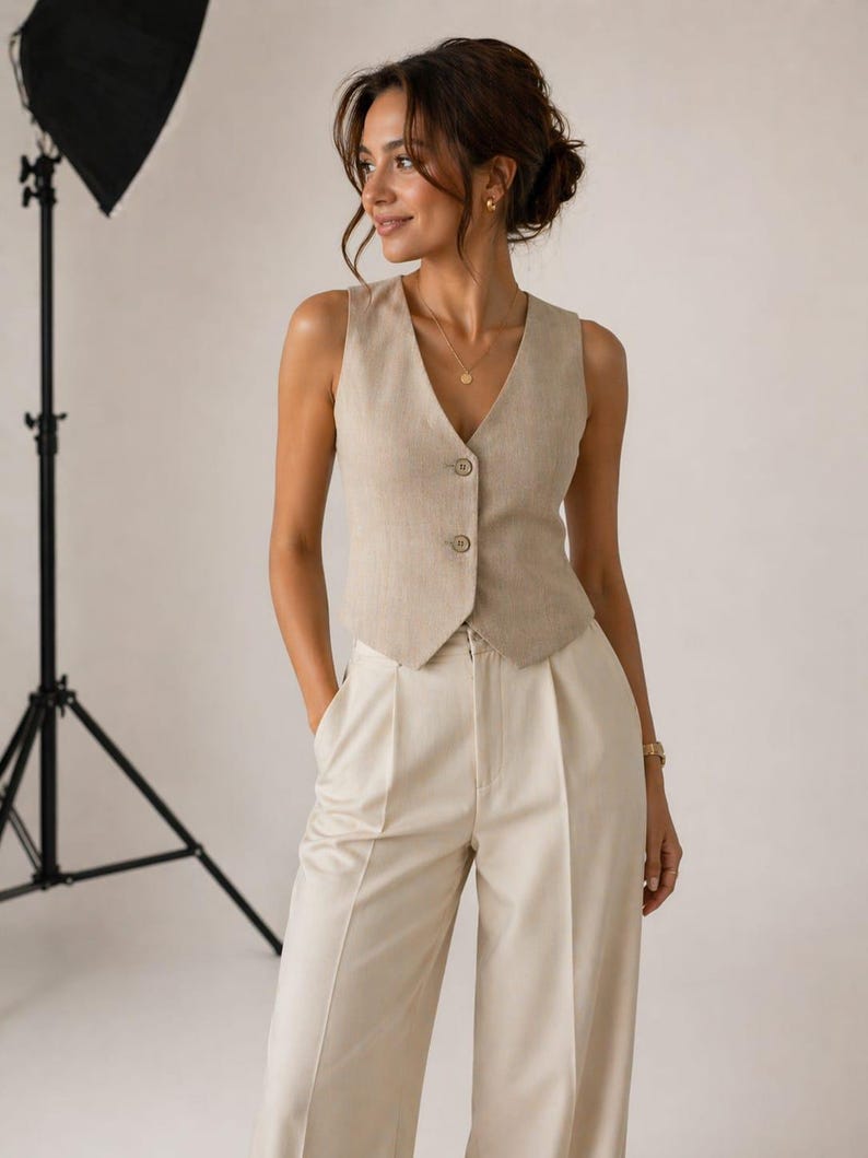 Puede incluir: Un chaleco de lino beige con tres botones y pantalones de pernera ancha y talle alto a juego. El conjunto es de color neutro y parece estar hecho de una tela ligera. El chaleco tiene cuello en V y los pantalones tienen pliegues.