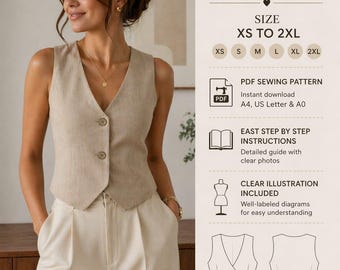 Women’s Vest Top Sewing Pattern PDF | Button Down Waistcoat | Tailored Crop Top | Instant Download XS–XXL