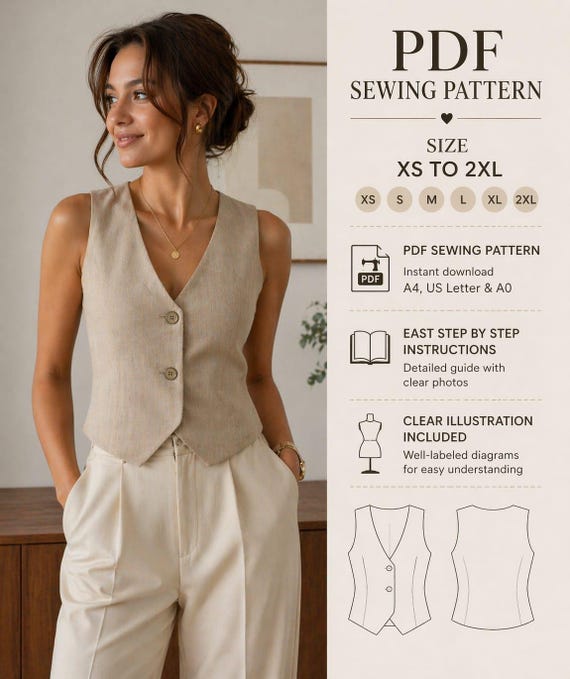 Women’s Vest Top Sewing Pattern PDF | Button Down Waistcoat | Tailored Crop Top | Instant Download XS–XXL
