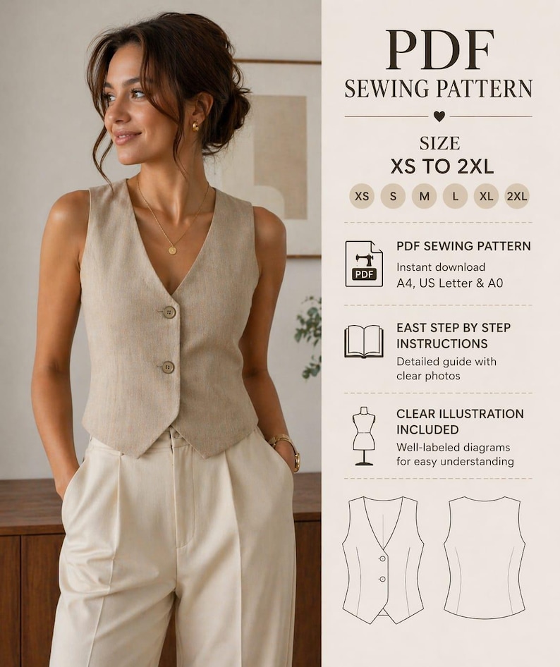 Puede incluir: Una mujer con un chaleco beige y pantalones color crema. La imagen incluye un patr&oacute;n de costura PDF, tallas XS a 2XL. El patr&oacute;n incluye instrucciones paso a paso e ilustraciones claras.