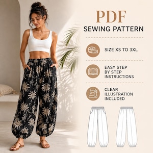 May include: A PDF sewing pattern for loose-fitting trousers with a black and beige palm leaf print. The pattern includes sizes XS to 3XL, step-by-step instructions, and clear illustrations. The design features an elastic waistband and cuffed hems.
