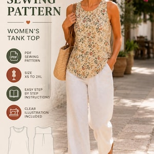 May include: A PDF sewing pattern for a sleeveless tank top with a floral print. The pattern includes sizes XS to 2XL, step-by-step instructions, and clear illustrations. The design features a round neckline and a curved hemline for the garment.