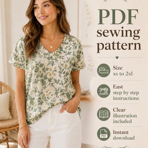 Molde em PDF para camiseta com decote em V | Molde básico para camiseta feminina | Blusa de manga curta | Camiseta DIY para iniciantes | Tamanhos do PP ao GG | Download instantâneo