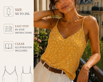 Patron de couture pour débardeur à fleurs jaunes | Haut à fines bretelles (XS-2XL) (Téléchargement numérique)