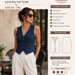 Womens Vest Sewing Pattern PdF, Button Front Waistcoat Pattern, Sleeveless Tailored Top, XS-XL Sizes, Easy Sew for Beginners, Printable PDF
