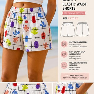 Puede incluir: Pantalones cortos blancos con cintura elástica y un colorido estampado floral. Los pantalones cortos presentan un diseño de cuadrícula con formas florales rojas, azules, moradas y verdes. El texto de la imagen dice "WOMEN'S ELASTIC WAIST SHORTS" y "SIZE XS TO 2XL".