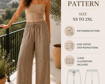 Patrón de costura en PDF para pantalones de lino / Descarga digital de pantalones de pierna ancha / Patrón minimalista para pantalones de verano / Plantilla de costura imprimible