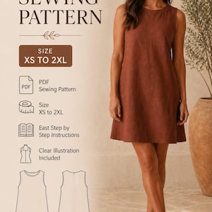 Puede incluir: Una mujer con un vestido sin mangas de color óxido posa junto a un anuncio de patrón de costura PDF. El patrón incluye tallas XS a 2XL, con instrucciones e ilustraciones claras. El vestido llega a la rodilla.