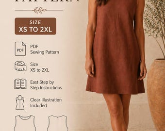 Sleeveless Linen Shift Dress Sewing Pattern PDF | A-Line Casual Dress Pattern for Women | XS-2XL Instant Download