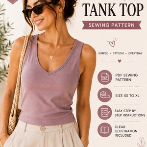 May include: A PDF sewing pattern for a V-neck tank top. The image displays a mauve sleeveless top with a V-neckline, paired with beige trousers. Text includes V-NECK TANK TOP, PDF SEWING PATTERN, SIZE XS TO XL, EASY STEP BY STEP INSTRUCTIONS, and CLEAR ILLUSTRATION INCLUDED.