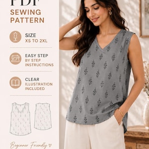 May include: A PDF sewing pattern for a sleeveless V-neck top with a grey fabric featuring a dark floral print. The pattern includes sizes XS to 2XL, step-by-step instructions, and clear illustrations. The text reads PDF SEWING PATTERN, SIZE XS TO 2XL, EASY STEP BY STEP INSTRUCTIONS, CLEAR ILLUSTRATION INCLUDED, and Beginner Friendly PRINT SEW WEAR.