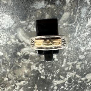 May include: A silver band ring featuring a central rectangular gold-toned inlay with a stylized wing motif. The silver surface is decorated with etched sunburst patterns on both sides of the gold inlay, creating a textured and metallic contrast.