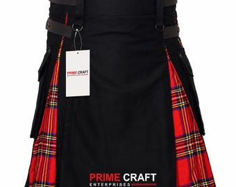 Hybrid Utility Kilt for Men Black Cotton with Royal Stewart Tartan | Scottish Tactical Kilt | Adjustable Utility Kilt | Custom Sizes