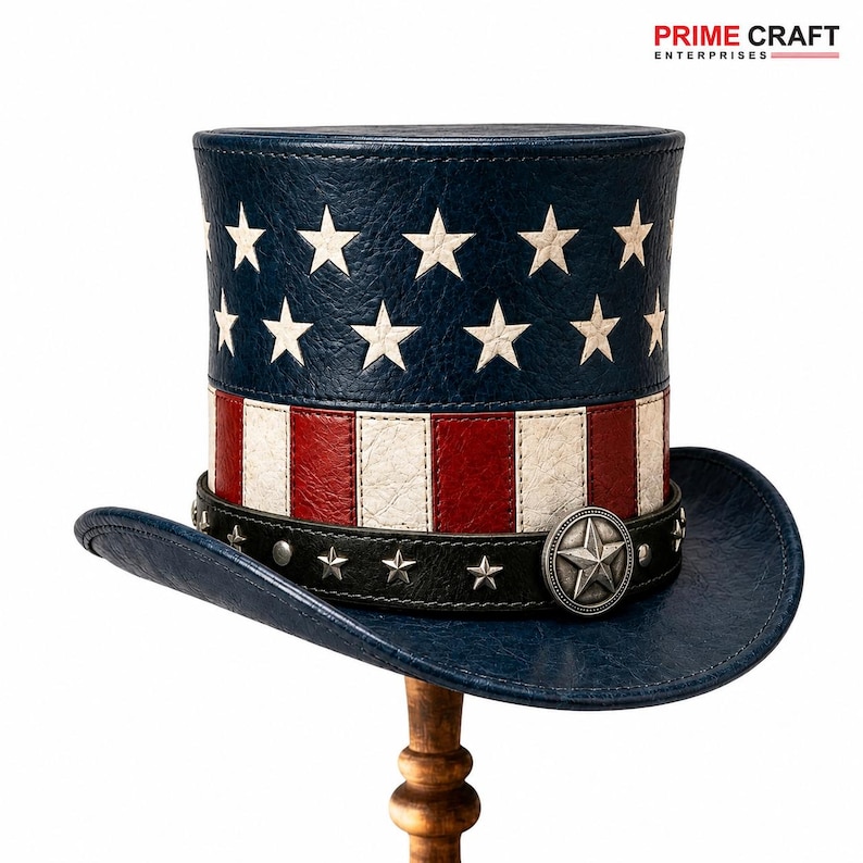 May include: A top hat featuring a blue crown with white stars over red and white vertical stripes. A black band with silver star studs and a large central star emblem encircles the base. The brim is blue, and the text PRIME CRAFT ENTERPRISES appears.